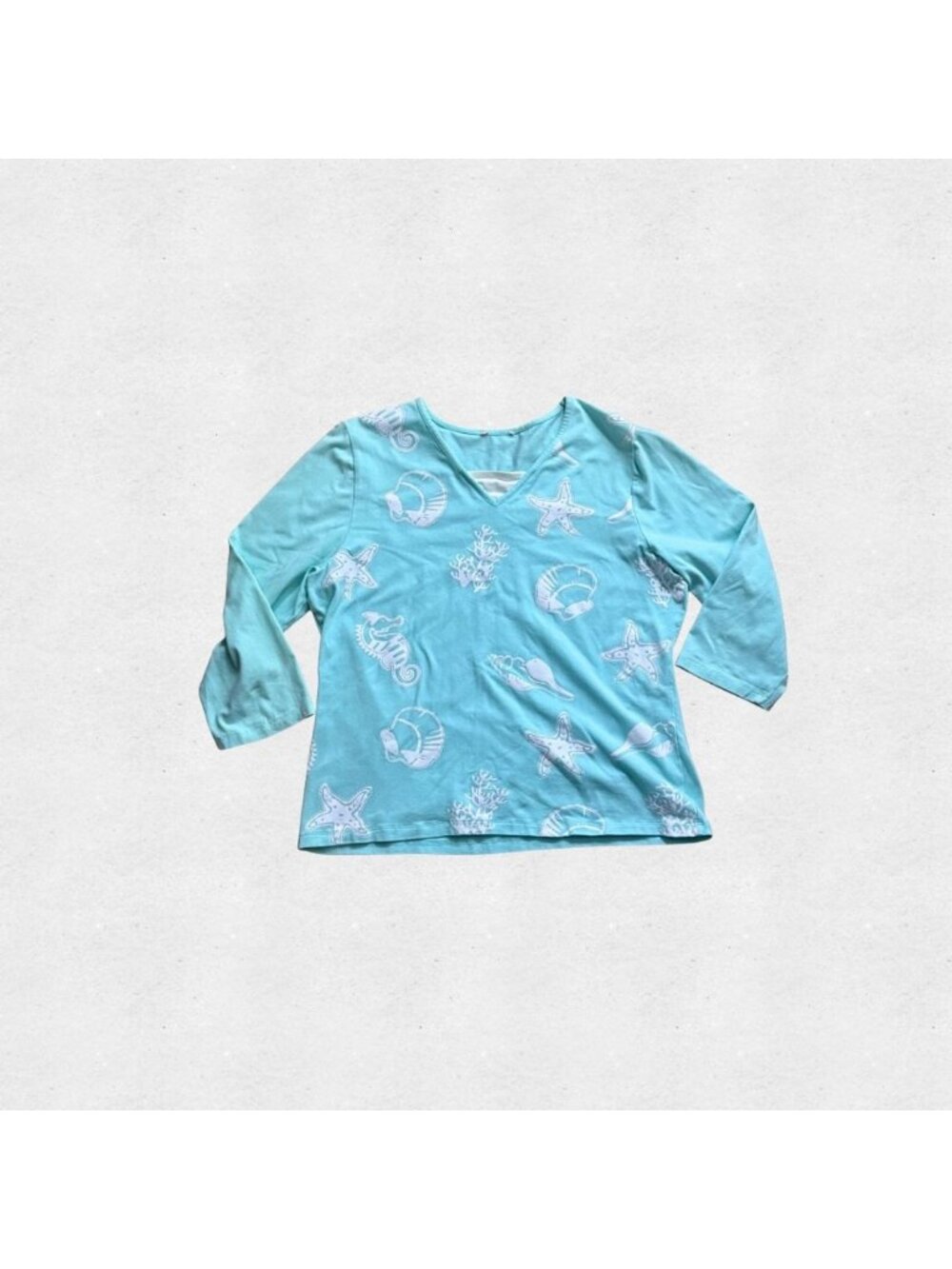Light Blue 3/4 Sleeve Vneck Shirt Large Seashell Print Nautical Coastal Grandma - Picture 3 of 5